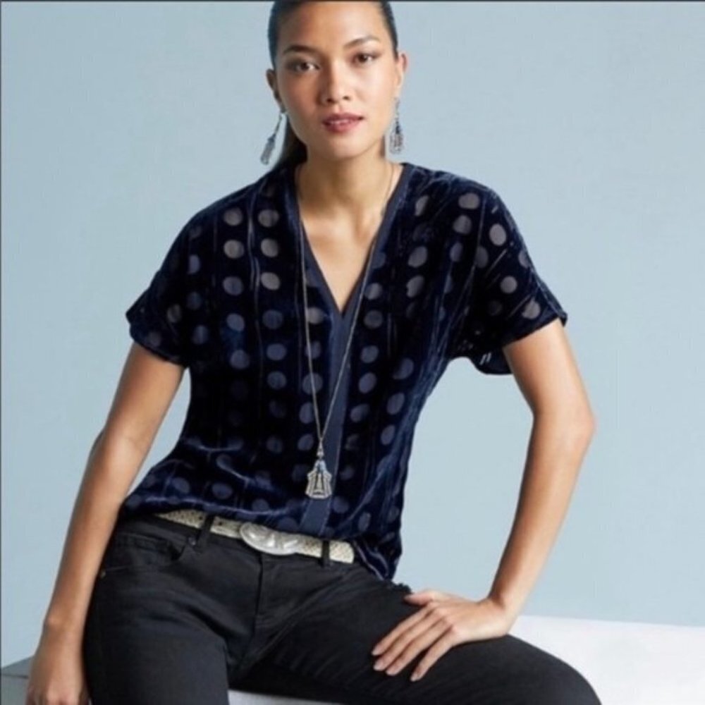 Cabi Spot On Blue Velvet Burnout Blouse #3507 SZ S